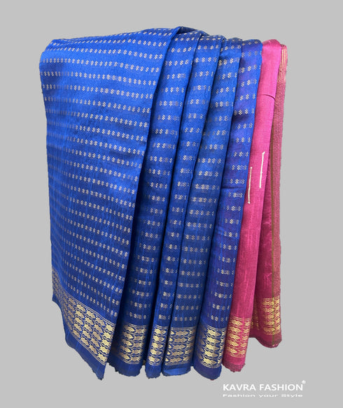 Semi Raw Silk Blue Handloom Saree with all over Khapa dots and khapa border
